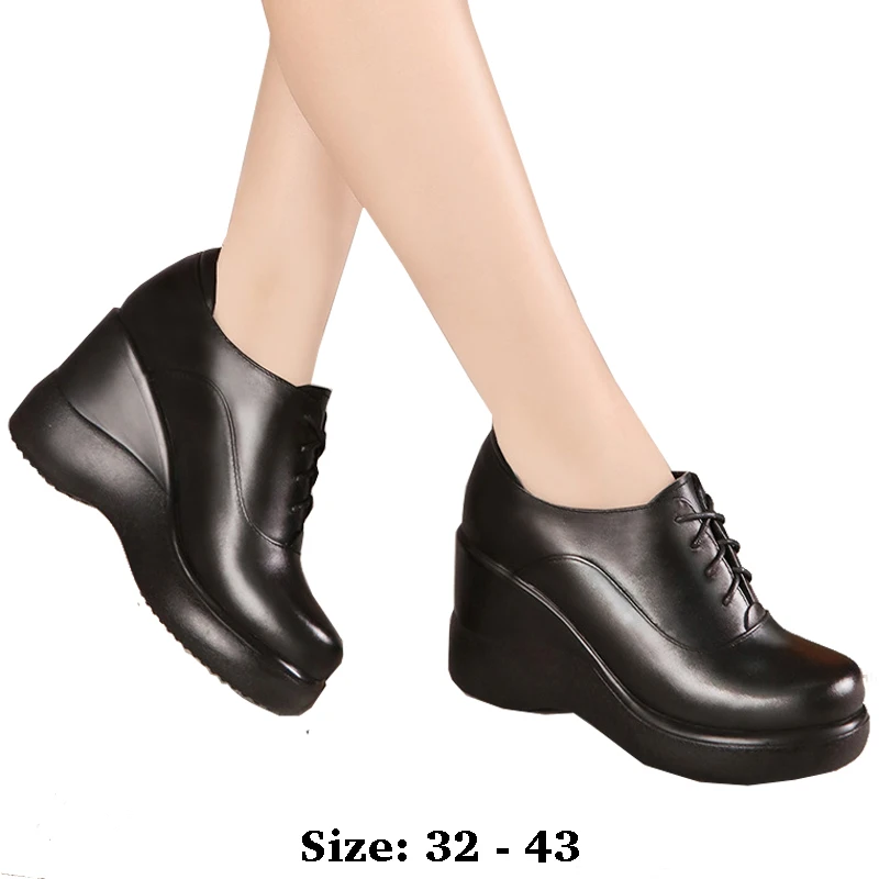 

high quality leather wedge shoe for women 8cm high heel platform round toe 32 33 34 elegant work autumn winter shoe black
