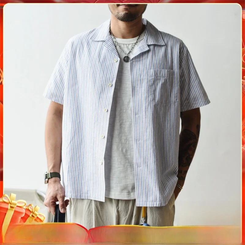 

Pure Cotton Cuban Collar Shirt Short Sleeve Men Summer Casual Stripe Pattern Vintage Style Youth Fashion Standard Fit