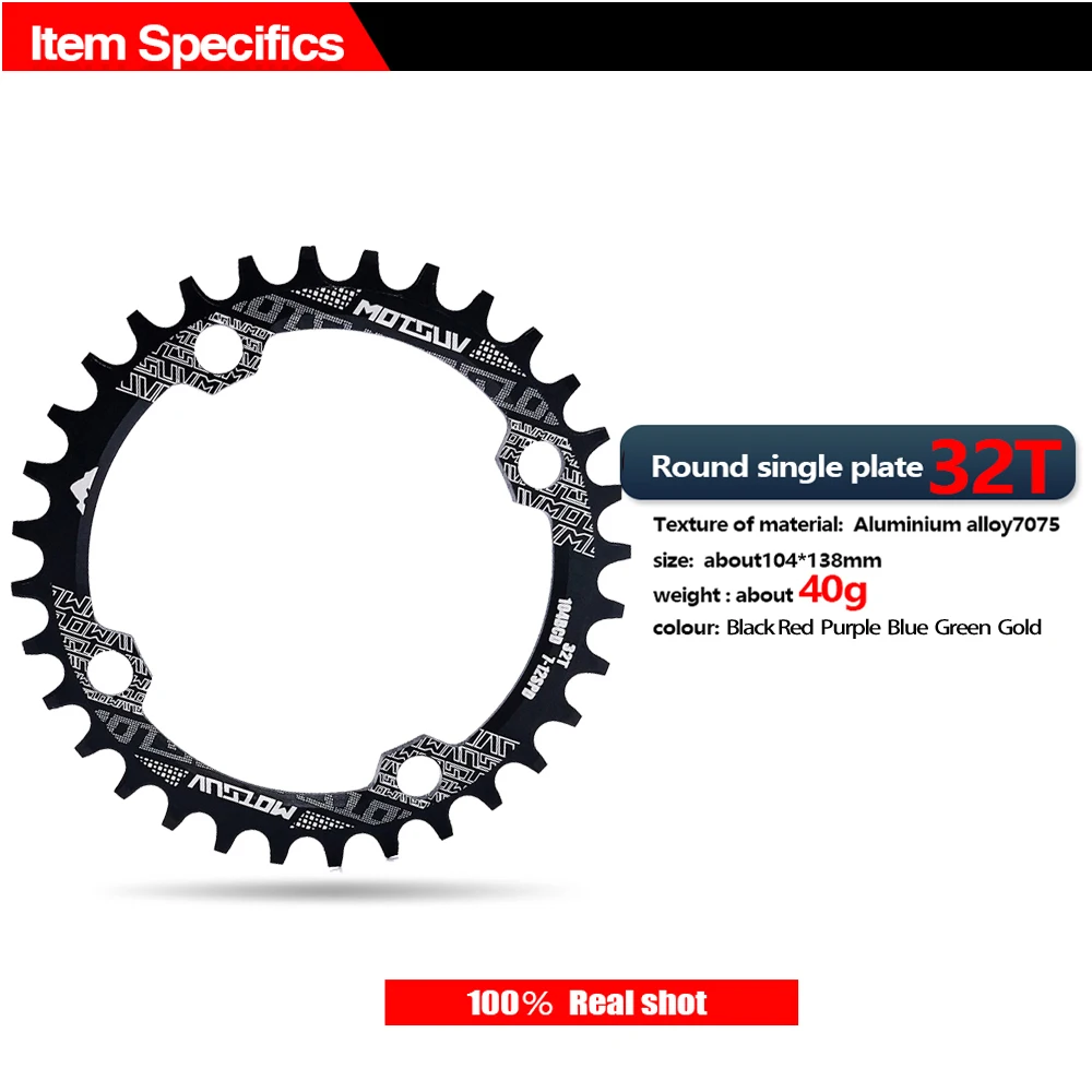 MOTSUV 104BCD Narrow Wide 38T 36T 34T 32T Bicycle Chainring,BCD 104 with 4 Bike Steel Screws, Single 12 11 10 9 8 Speed,Plato MT