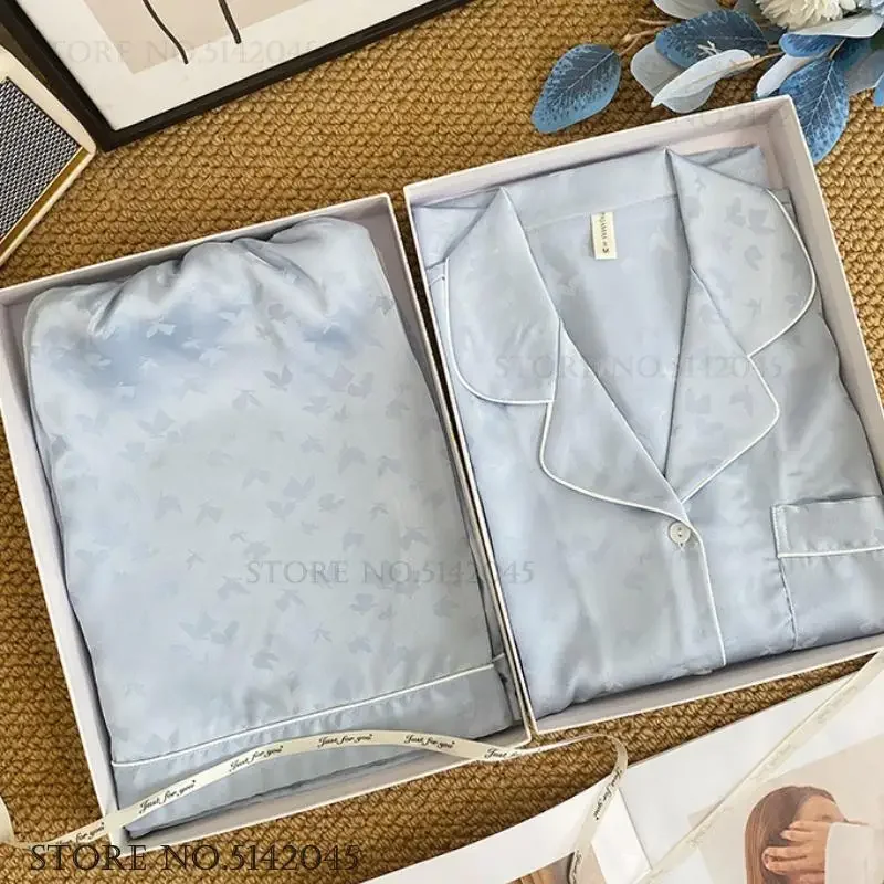 

Female 2Pcs Pajamas Set Short Sleeve Shorts Home Clothes Summer New Jacquard Sleepwear Pijamas Suit Loose Ice Silk Lounge Wear