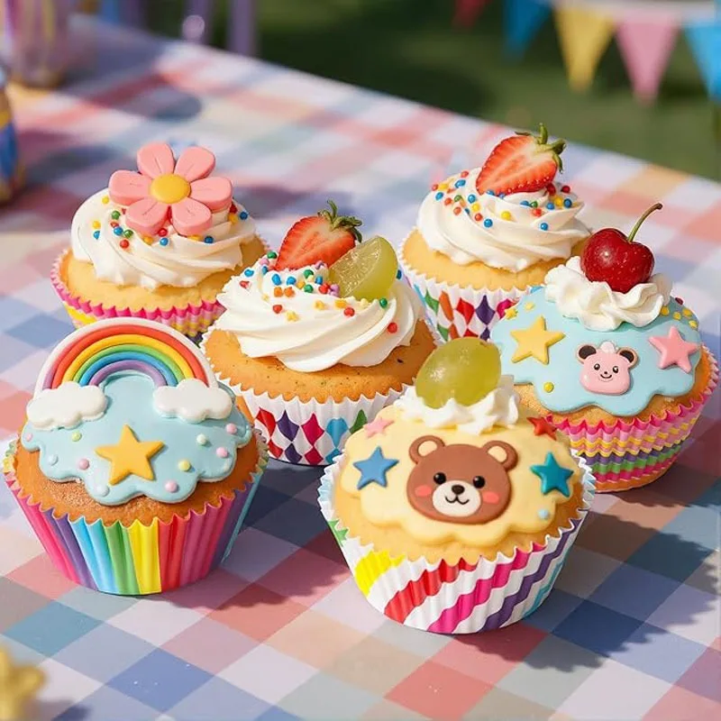 Juego de 100 Moldes de Papel para Cupcakes, Color Arcoíris, para Decoración de Fiestas de Navidad y Bodas, Molde para Hornear Pasteles
