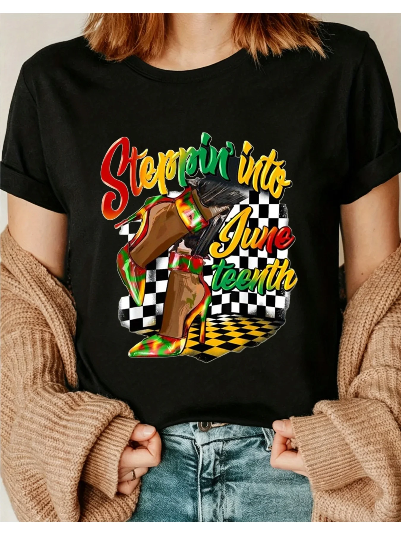 In June, Step into Elegance Like Your Ancestors. High-Heeled Shoes, Women's T-Shirt, I0 Round-Neck Short-Sleeved Top, Suitable for All Seasons, Casual and Versatile
