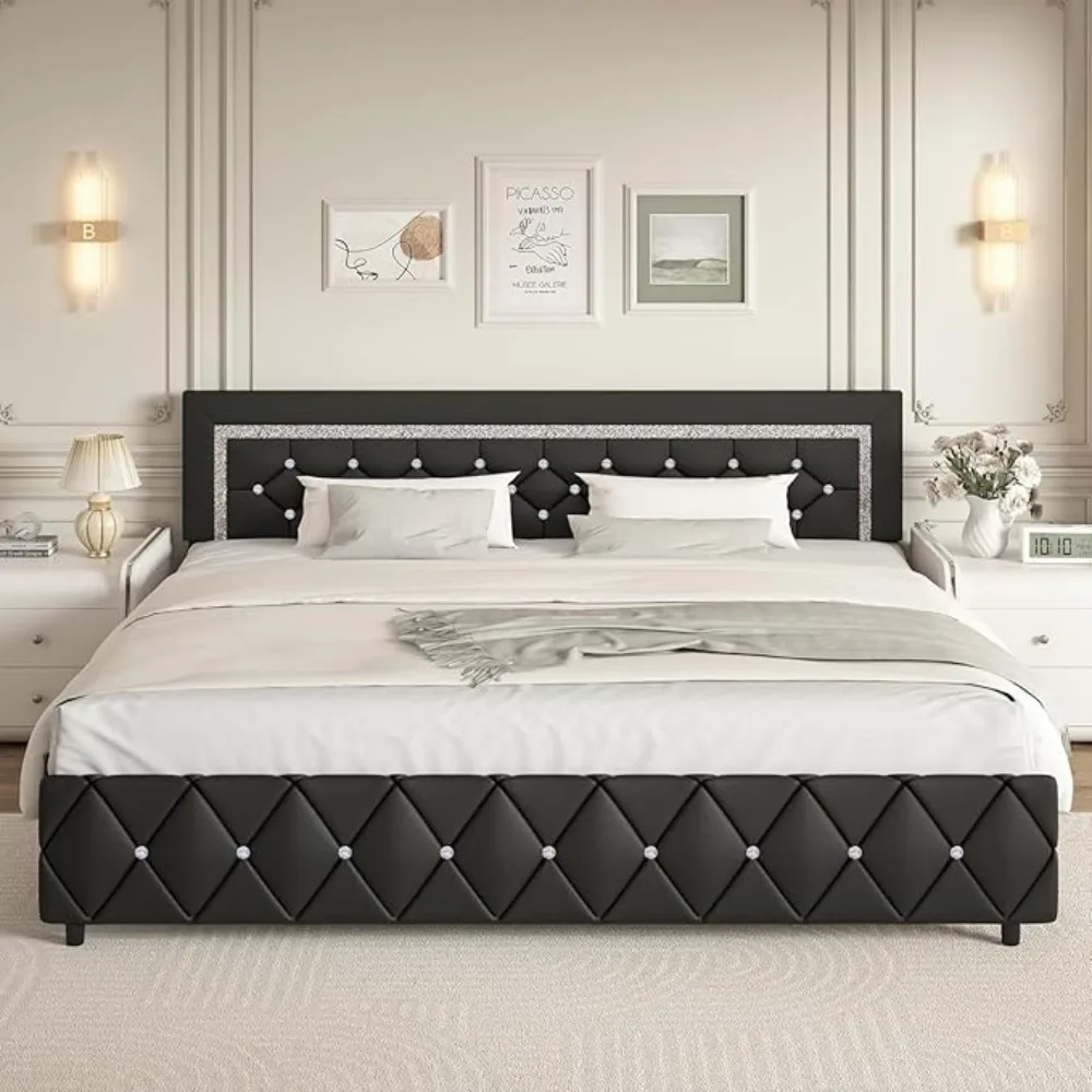 HOMBCK Twin Bed Frame, Upholstered Bed Frame Twin Size with Diamond Tufted Headboard, Faux Leather Headboard & Footboard