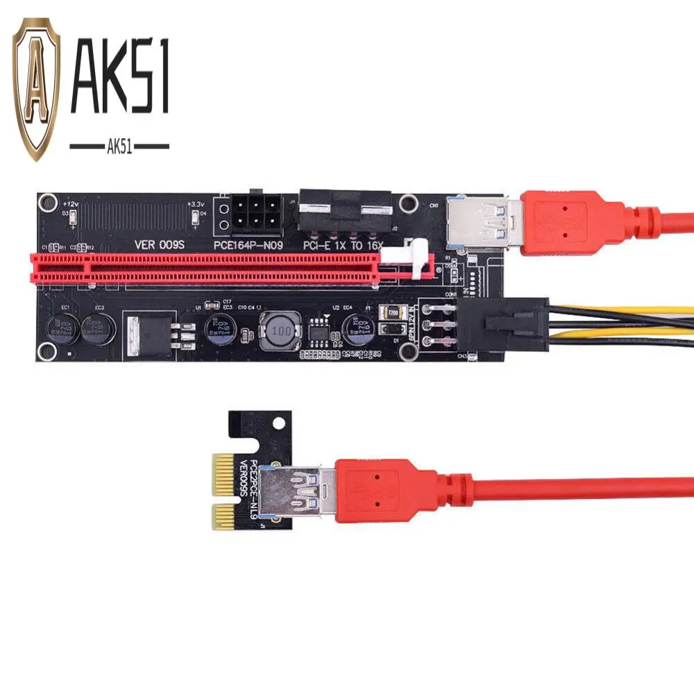 

AK51-PCI-E Pcie Riser 009 Express 1X To 16X Extender PCI E USB Riser 009S Dual 6Pin Adapter Card SATA 15Pin For Bitcoin Miner