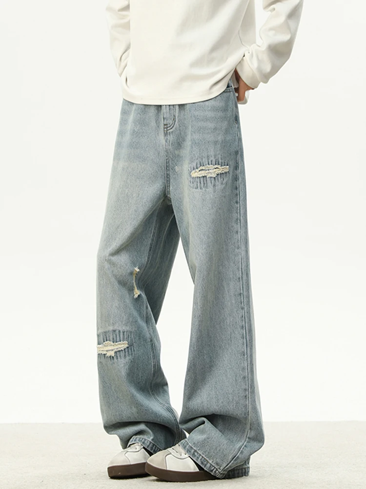 

Мужские джинсы в американском ретро-стиле с рваными элементами и пэчворком, модный дизайн в стиле High Street, свободные прямые широкие брюки-палаццо