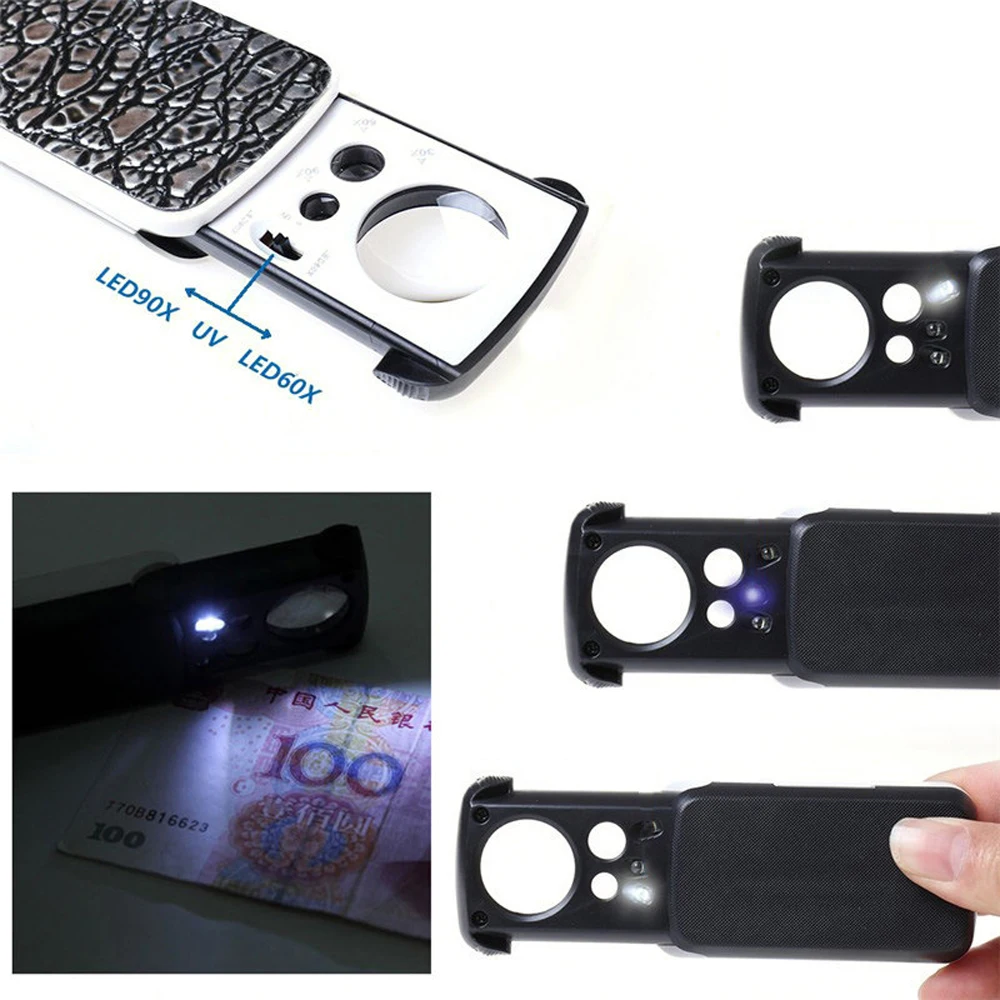 Jewelry Loupe Magnifier With LED UV Light 30X 60X 90X Jewelers Eye Magnifying Glass For Gems Stamps Coins Watches Antiques