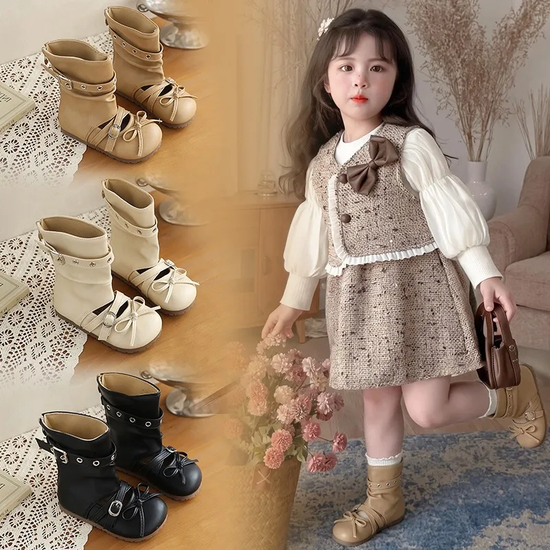 JGSHOWKITO Girls Mid Calf Boots Bowknot Decor Children Princess Boots Non-slip Soft Kids Causal Fashion Boots for Daily Party