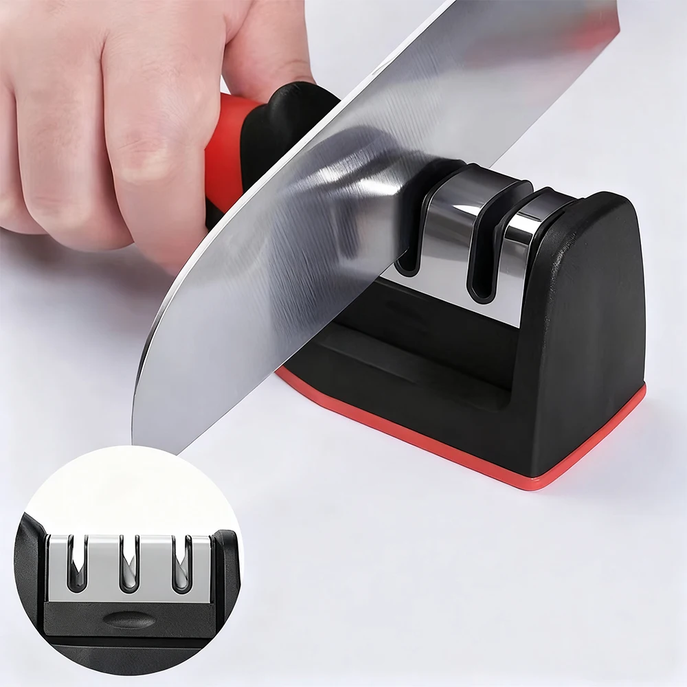 Three stage kitchen knife sharpener with coarse and fine grinding functions, handheld sharpener, detachable,repair blade
