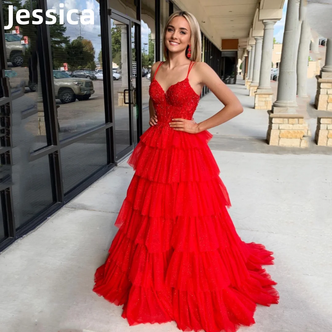 

Jessica Red Wedding Dress Lace Embroidered Glitter Tulle Multi-layer Prom Dresses Sweet Princess Graduation Party Dressese