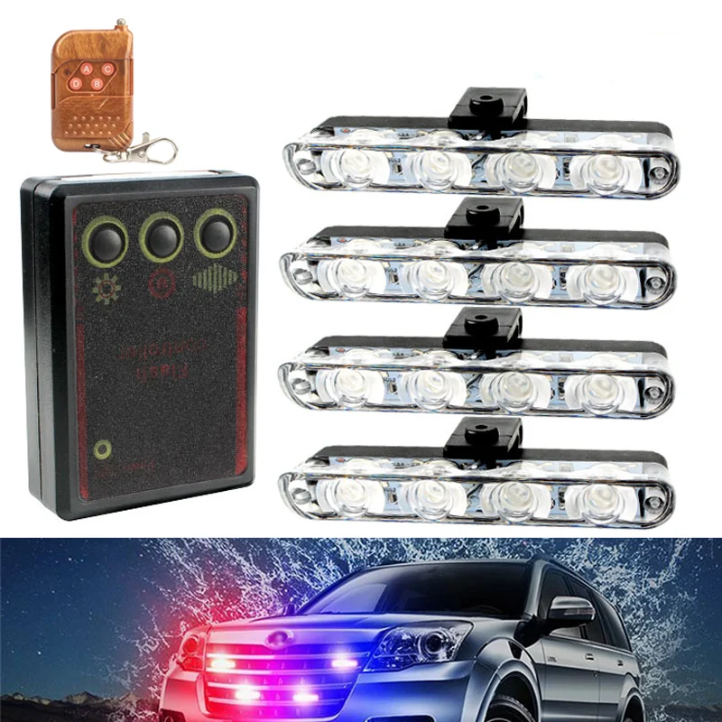 

4 In 1 Red Blue Emergency Strobe Lights Police Lights 12V With Wireless Remote Control Flash Grille Light for Cars Truck Van SUV