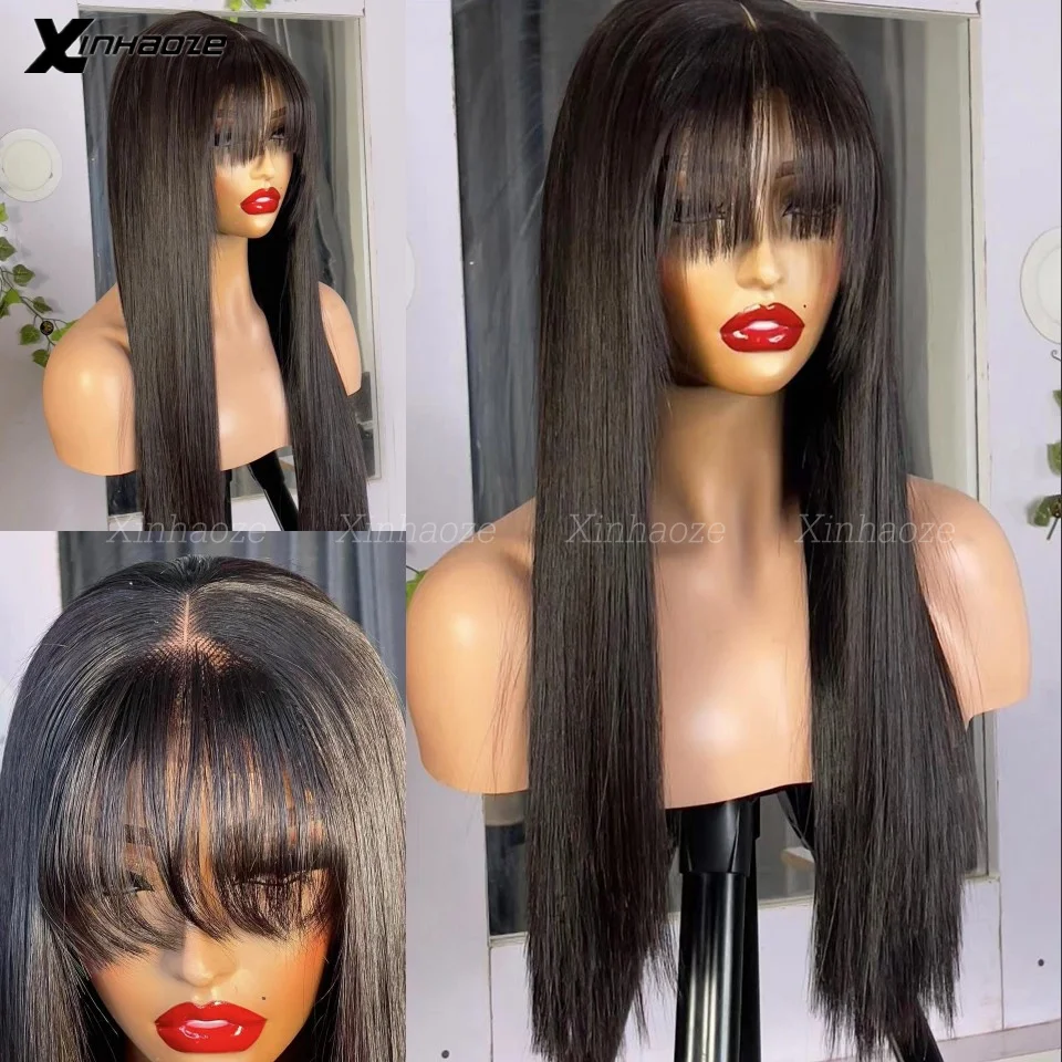 

Bone Straight Human Hair Wigs For Black Women 5x5 Silk Top Wigs With Bangs Brazilian Fringe Straight 13x6 Lace Frontal Wigs