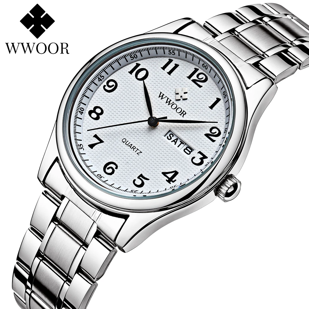 WWOOR New Business Men Watch Luxury Stainless Steel Quartz Wristwatch Fashion Men Watch Waterproof Date Male Clock Reloj Hombre