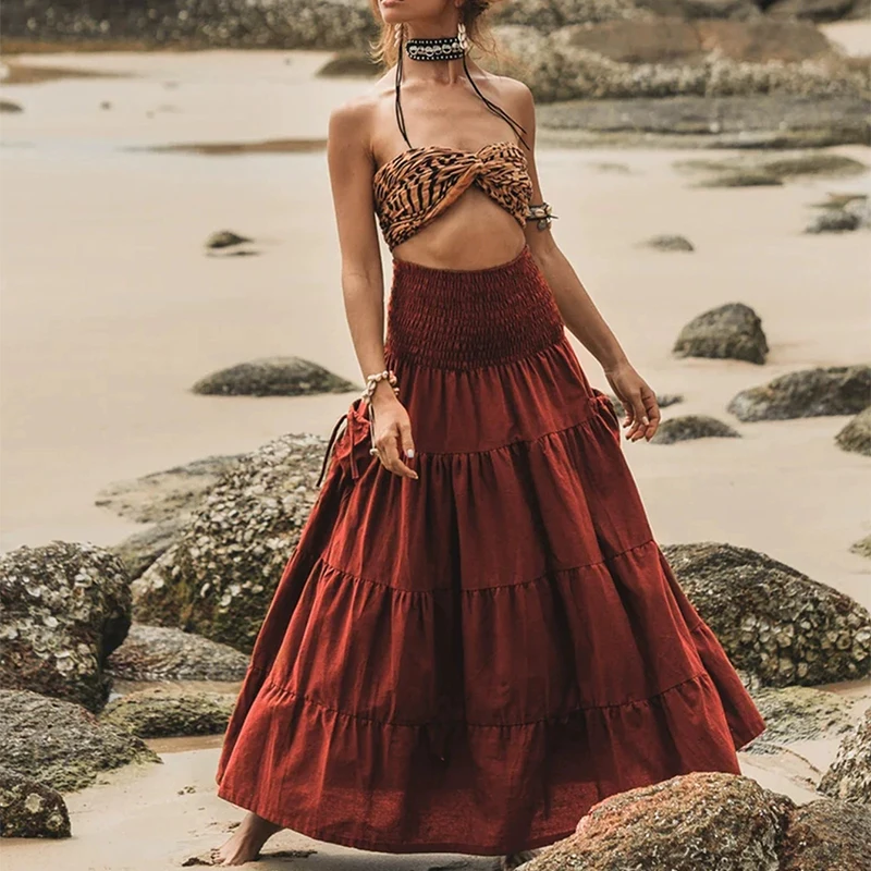 2026 frühling Sommer Urlaub Böhmischen A-linie Rock Dame Vintage Einfarbig Langen Rock Beiläufige Lose Elastische Taille Falten Rock