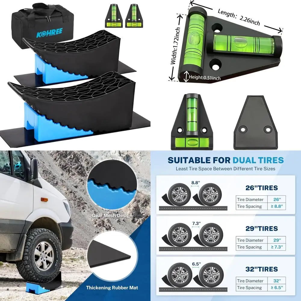 

Kohree RV Leveling Blocks 6 Inch, 2 Packs Sturdy Camper Curved Levelers with 2 Wheel Chocks, 2 Rubber Mats & Carry Bag, RV Level