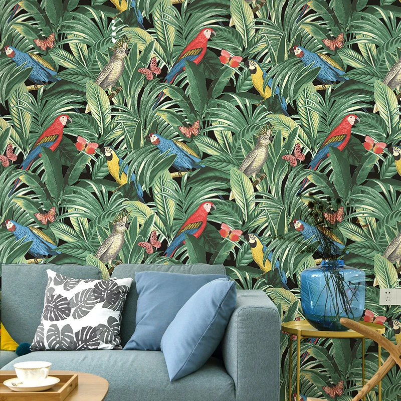 Tropical Rainforest Wallpaper Parrot Green Palm Leaves Wallpaper Hotel Living Room Bedroom Wall Mural