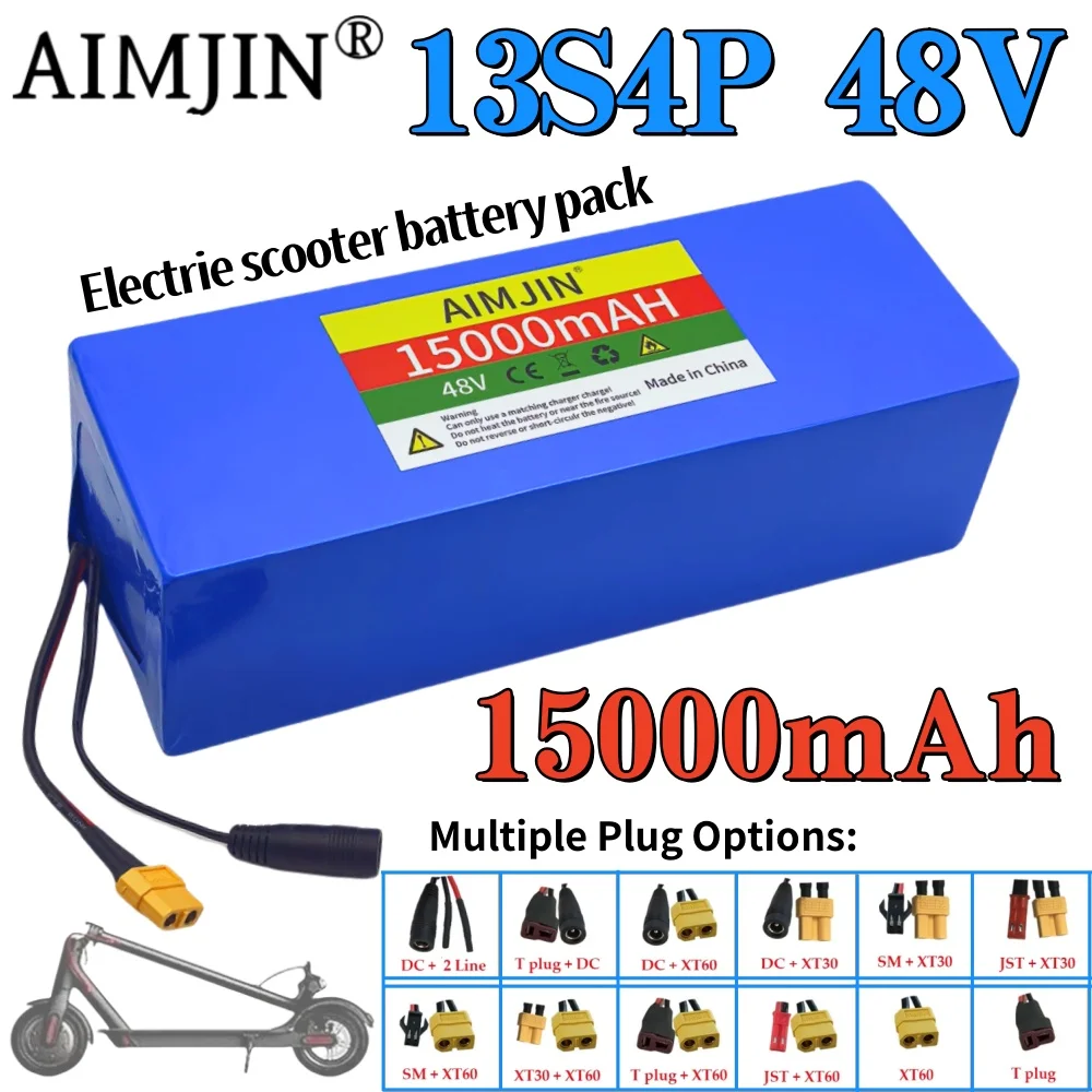 

100% new 13S4P 48V 15000mAh 18650 Lithium Battery Pack for Electric Scooter Bicycle Li-ion Replacement with BMS