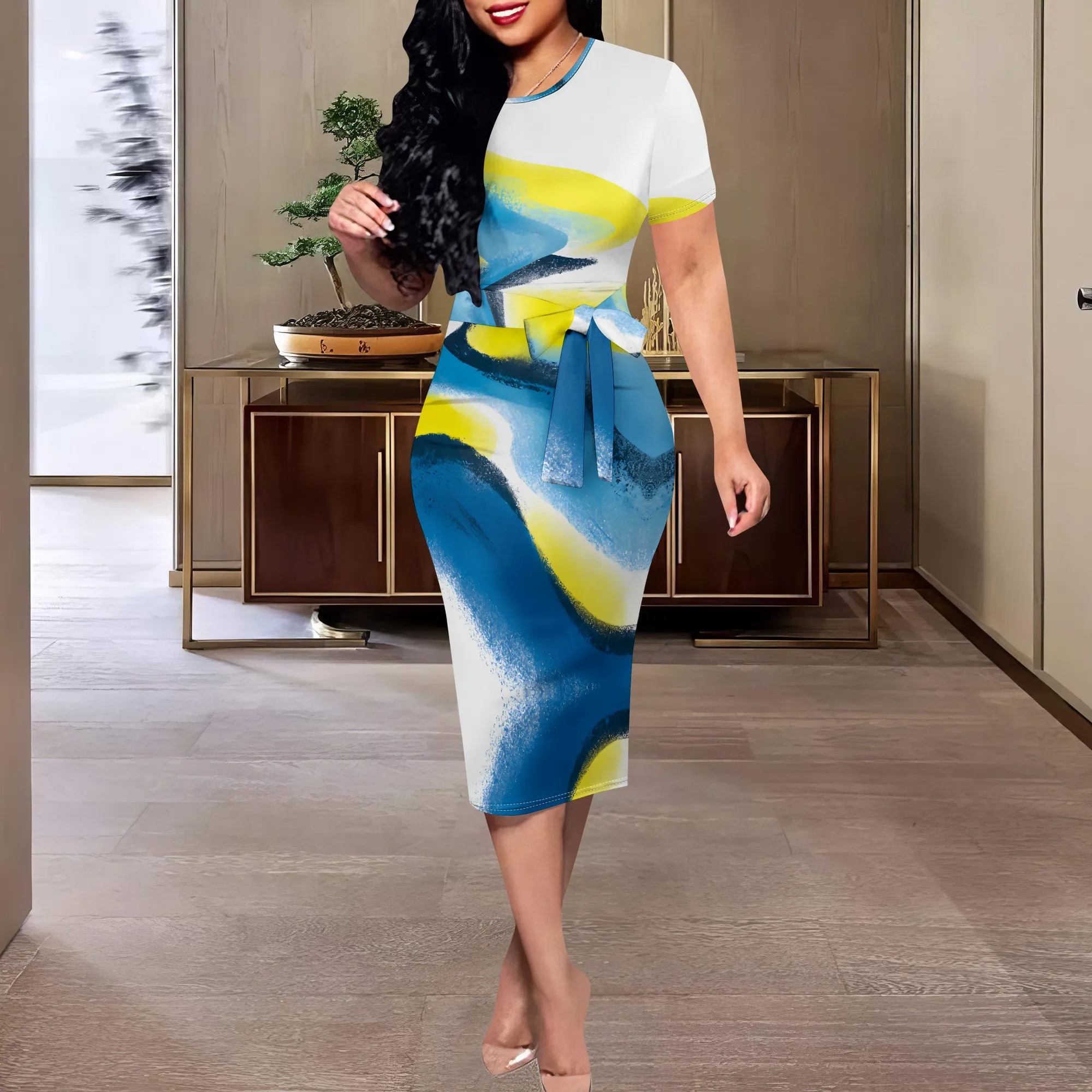

Blue Yellow Abstract Midi Dress XS-3XL Short Sleeve Belted Bodycon Style for Art Show, Summer Streetwear or Casual Party Look