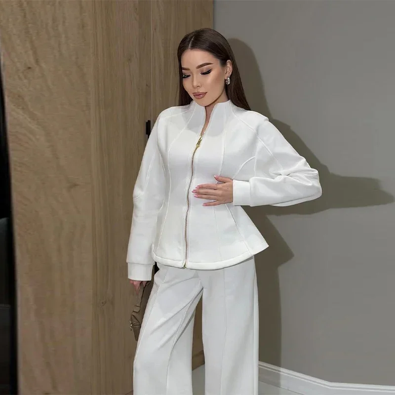 2026 Spring Lady Sets New Women Full Sleeve Closed Waist Coat Long Straight Split Pants Female Casual Zippers Tops Pant Set