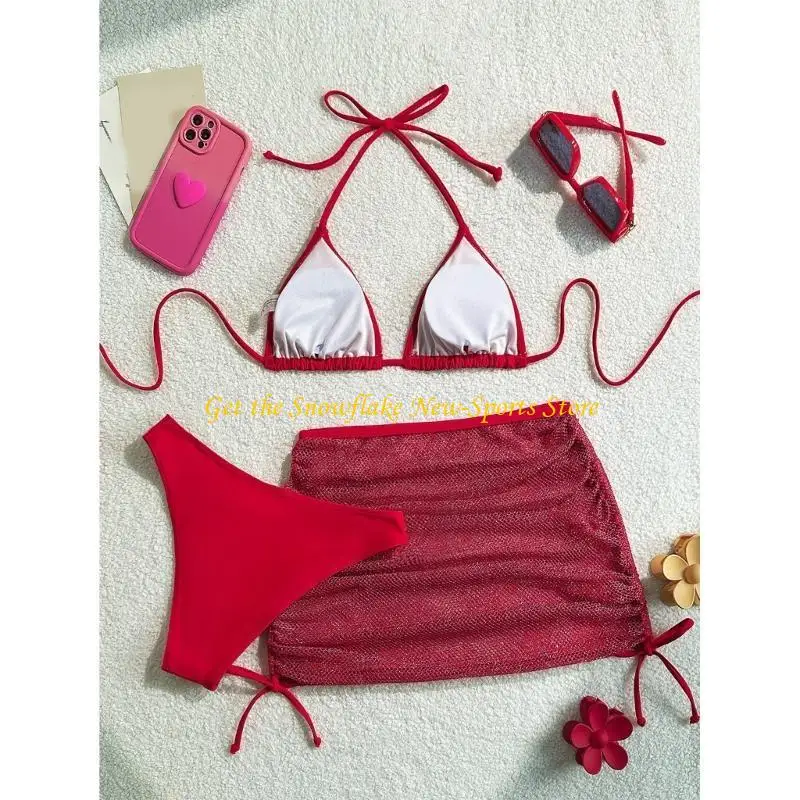 

E56D Women Bathing Suit Backless Swimwear 3 Pcs Split Swimsuit with Beach Skirt Ladies Push Up Swimming Costume Set