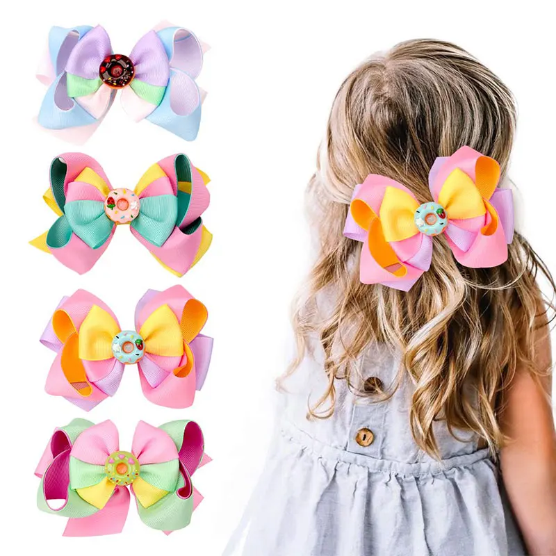 Sweet Doughnut Hair Bows With Clips Ribbon Colorful Hairpin Barrettes 3 Layer Bow Hair Clip Headwear Kids Apparel Accessories