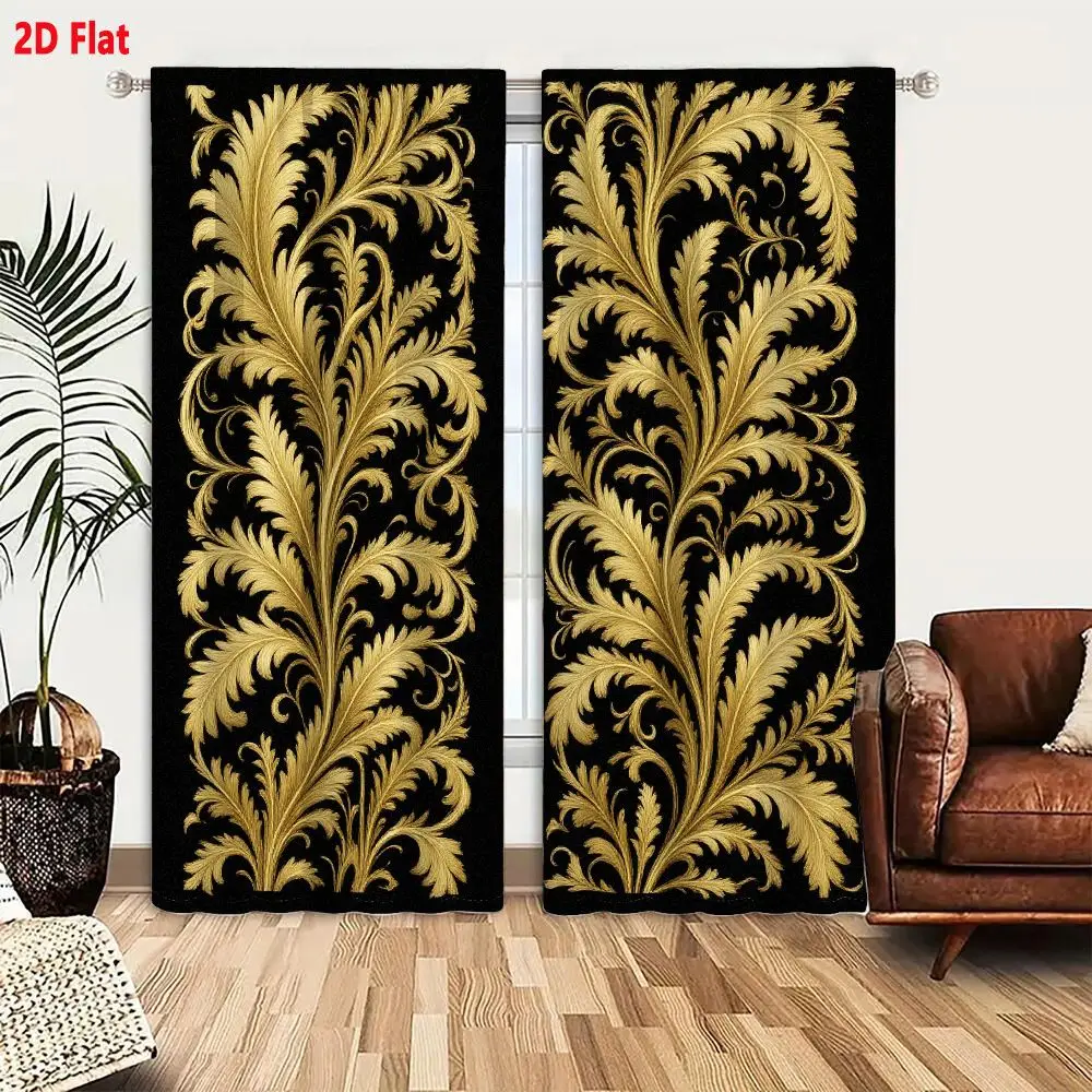 2Pcs Curtains 2D Flat Ornate Golden Symmetrical Vertical Patterns With Stylized Feather - Like Leaves Swirling Vines Against Bla