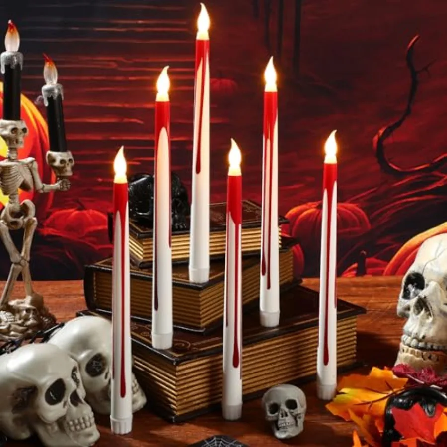 

6 Pcs Halloween Flameless Taper Candles 11 Inch Long Red White Battery Operated LED Candles Haunted Table Centerpiece for Holid