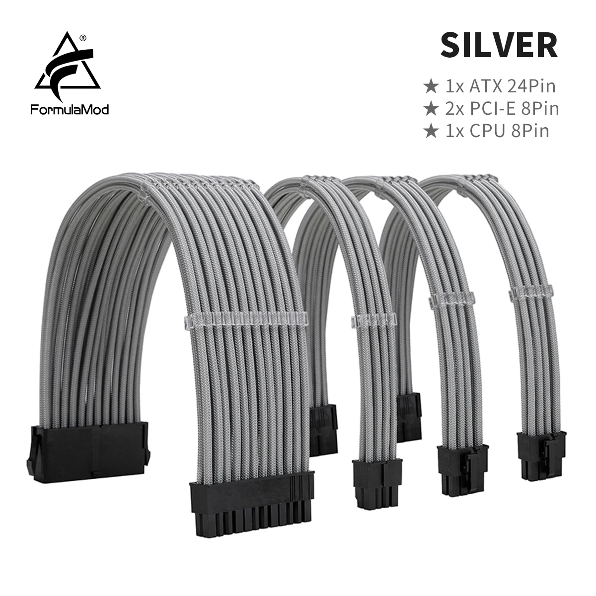 FormulaMod All White PSU Extension Cable Kit , Solid Color Cable Solid Combo 300mm ATX24Pin PCI-E8Pin CPU8Pin With Combs