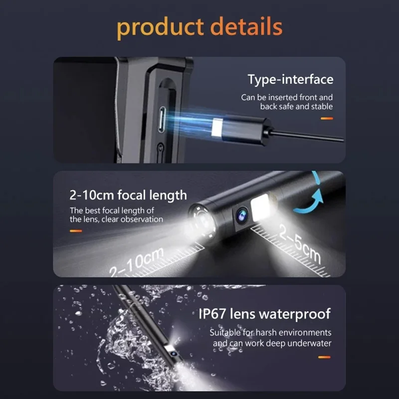 Industrial Endoscope 360°Automatic Rotating 5-inch IPS Screen 1080P HD Dual Camera Car Repair Pipe Carbon Deposit Detection
