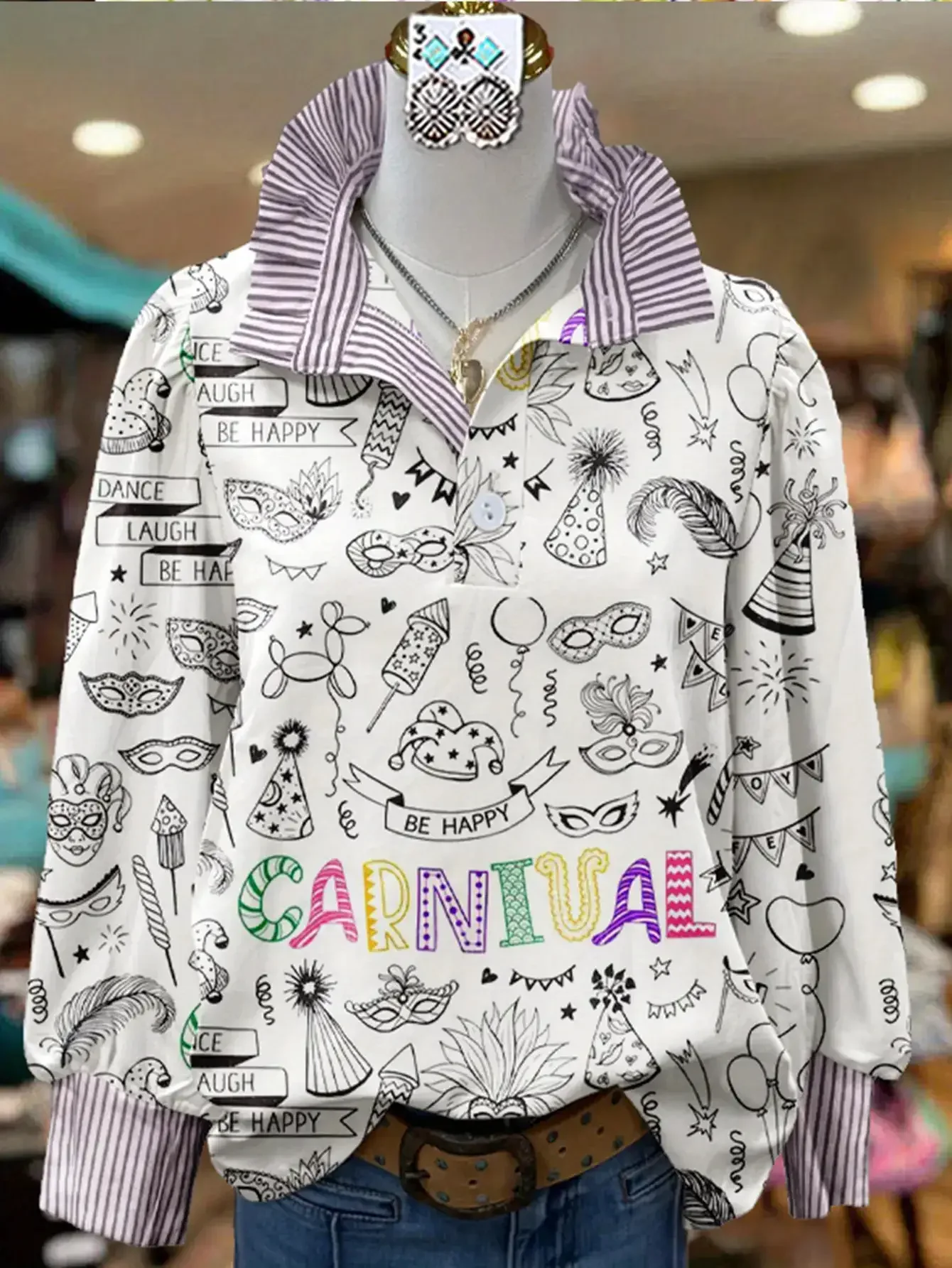 2026Ladies' Spring and Autumn Winter New Stand up Collar Shirt Christmas Long Sleeve, Creative Printed Holiday Travel Essential,