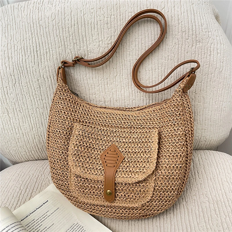 

Летняя соломенная сумка-хобо, модная плетеная сумка через плечо в форме полумесяца, повседневная пляжная сумка, женская сумка-тоут на молнии для шопинга