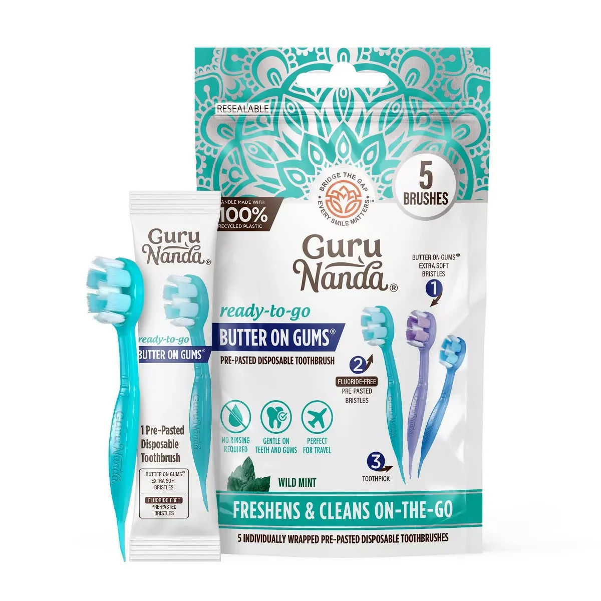 

GuruNanda Butter on Gums Pre-Pasted Toothbrushes - 5ct: Extra Soft Bristles, Trial or Travel Size