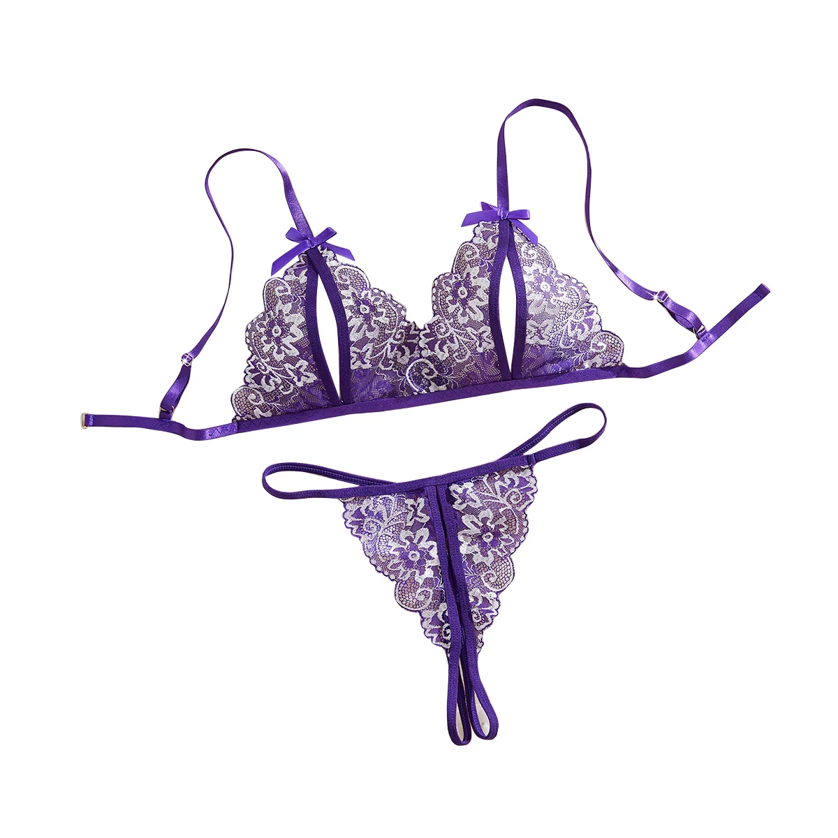 Purple Lace Lingerie Set Women Hot Open Crotch Transparent Sexy Bra And Thongs Sets Sex Temptation Erotic Couples Date Underwear
