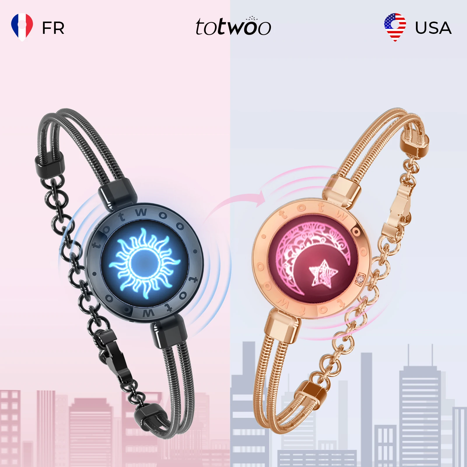 TOTWOO Long Distance Touch Bracelets for Couples, Vibration & Light up Gifts for Girlfriend Bluetooth Pairing Jewelry