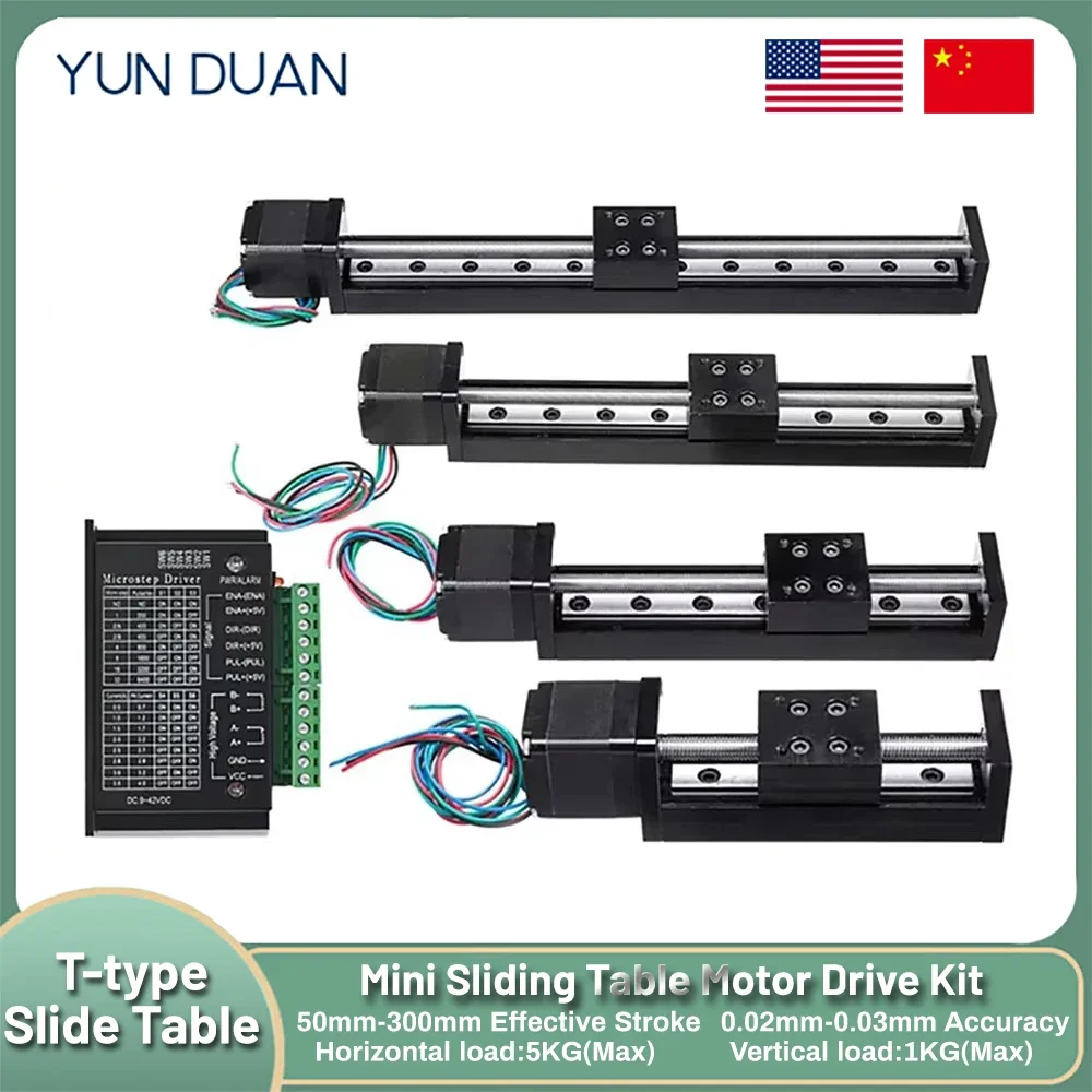 XYZ Axis Motorized Slide Table T-type Linear Guide Rail Stage CNC Mini Sliding Table Motor Drive Kit Electric Linear locking