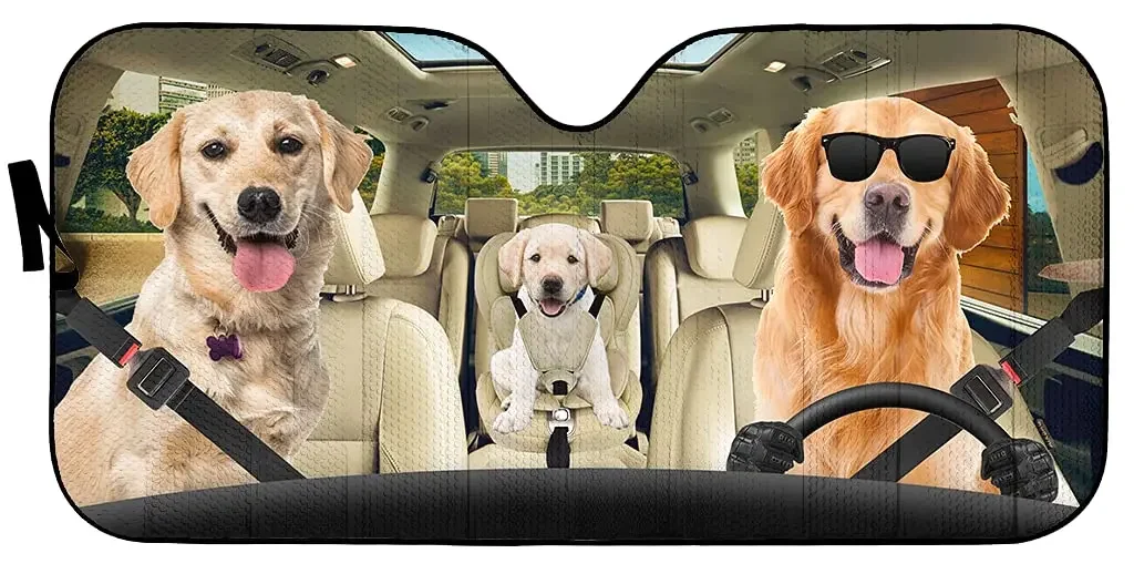 Golden Retriever Dog Wear A Sunglasses Driving Auto Windshield Sun Shade, Funny Labrador Dog Family Foldable Sun Visor Protector