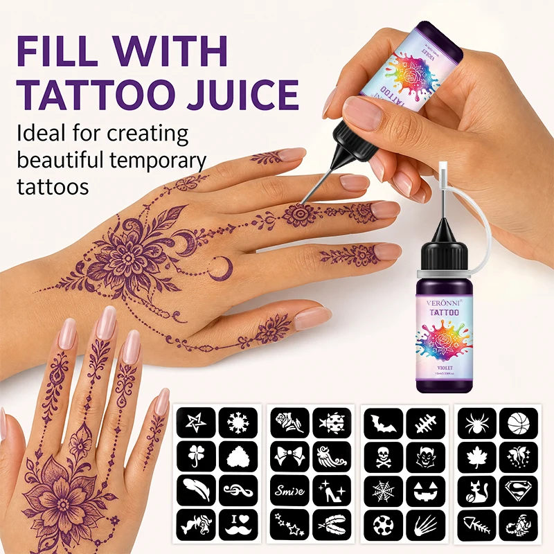 Temporary Tattoo Gel Kit, Semi‑Permanent Tattoo Ink with Tattoo Stencils, Waterproof Fake Tattoo Paste for DIY Body Art Drawing