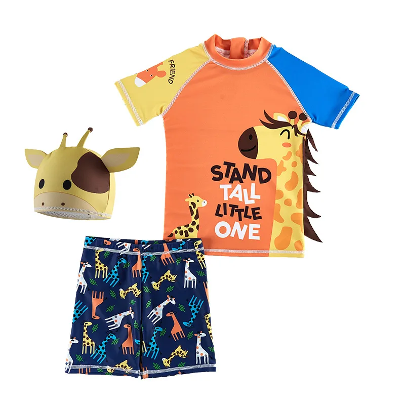 Cartoon Giraffe Style Swimsuit for Boys Baby Kids 0-7Y 2-Pieces Short Bathing Suit Rash Guards Swimwear Set With Cap UPF 50+