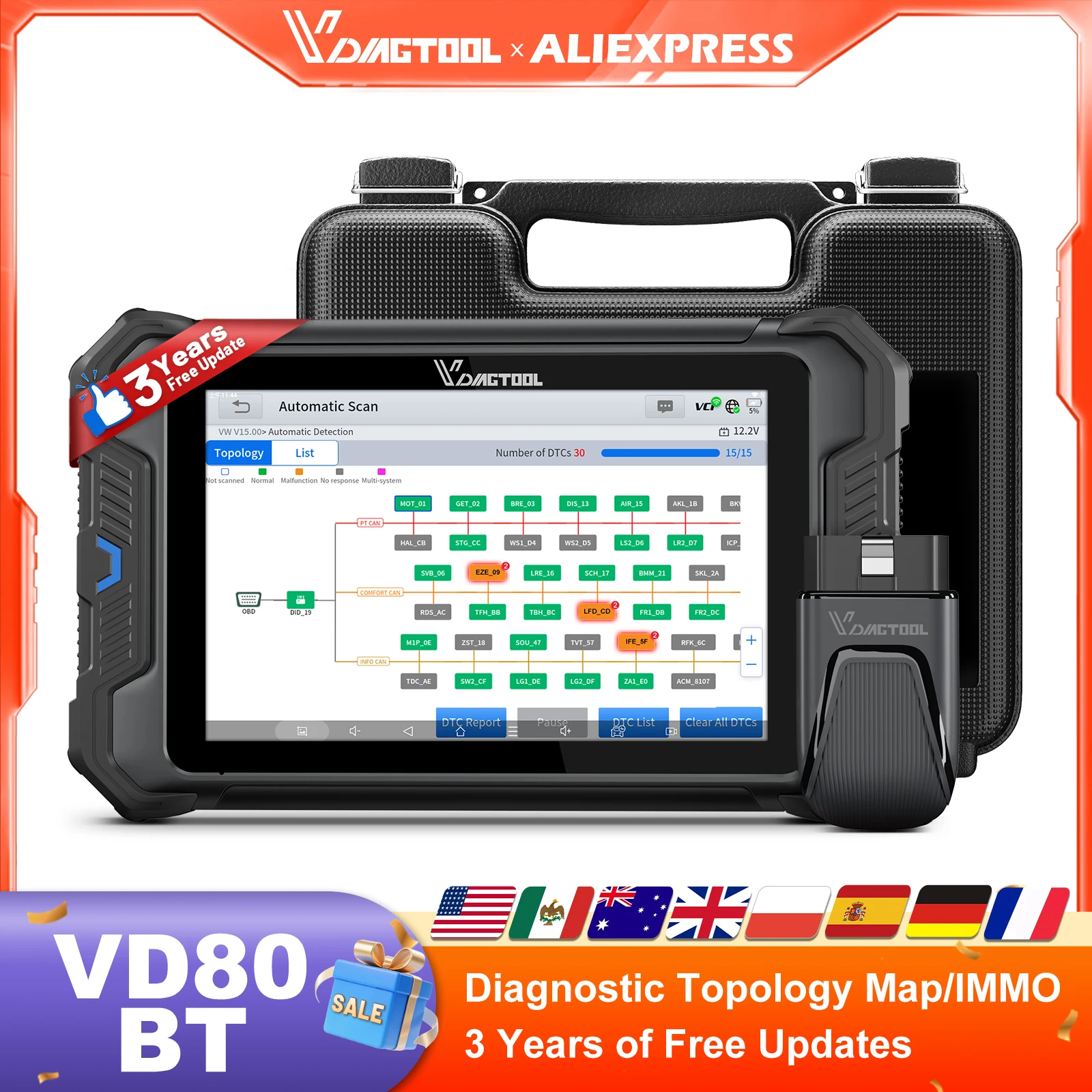 

VDIAGTOOL VD80BT Bluetooth Автомобильный диагностический инструмент WIFI Беспроводной двунаправленный сканер с топологической клейкой FCA CANFD ECU Кодирование