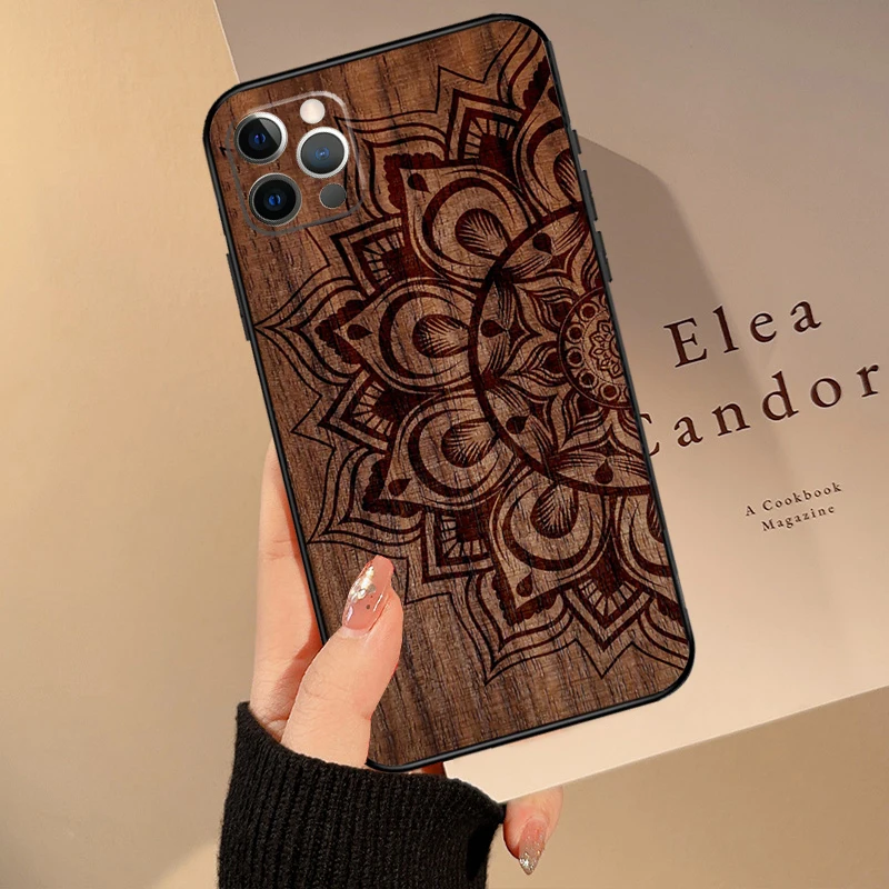 Mandala Floral Wood Funda For iPhone 15 14 13 12 11 16 Pro Max Mini 14 Plus XS Max X XR Phone Case