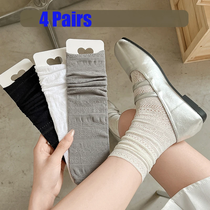 4 Pairs Women's Lace Trimmed Knee High Socks Summer Hollow out Design Lightweight Breathable Soft Comfortable Casual Socks