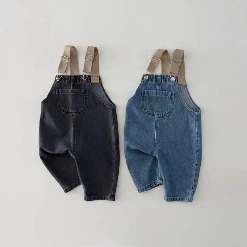 2025 primavera novo bebê denim macacão infantil menino menina sem mangas macacão da criança casual cinta calças crianças versátil jeans sólidos