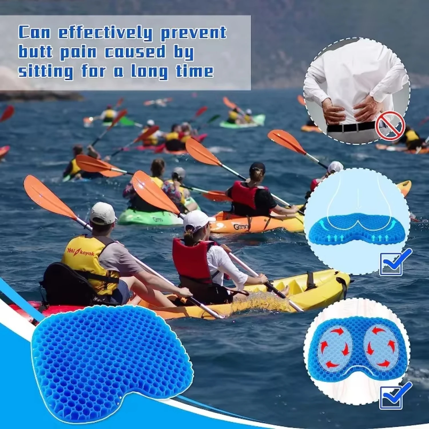 Anti SLIP เบาะ KAYAK GEL เบาะรองนั่งหนากันน้ํา Pad พร้อมฝาครอบกันลื่นพายเรือคายัคตกปลาเรือล่องแก่งอุปกรณ์เสริม