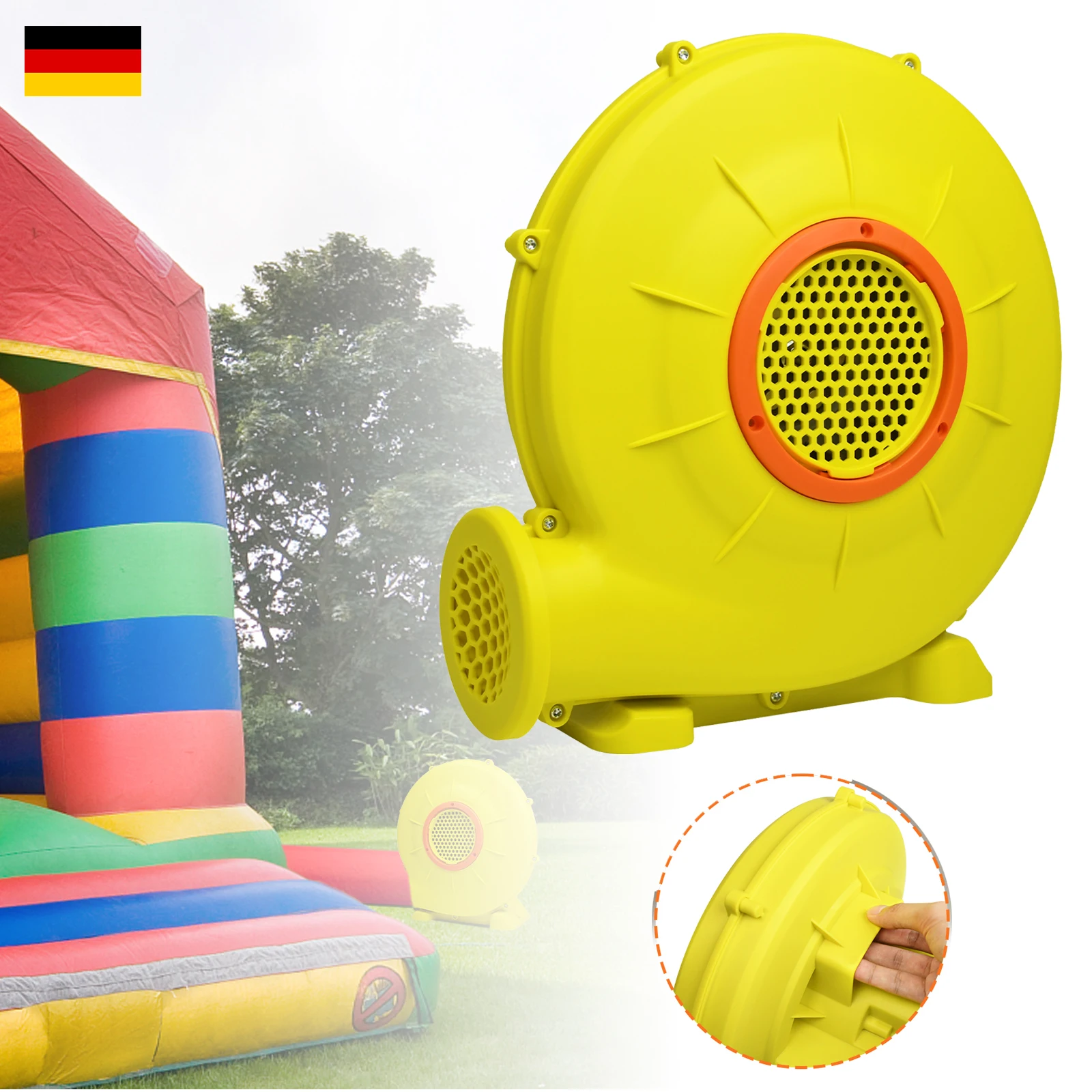 Souffleur pour château gonflable, pompe à air 220-240V avec long câble d'alimentation, gonfleur portable pour jouets gonflables, pompe à air avec base et poignée, jaune et rouge