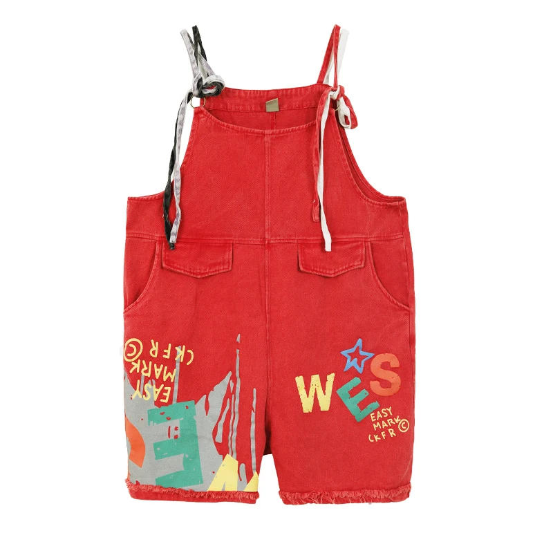 Macacão de camisola jeans com estampa de graffiti personalizado para mulheres no verão calças soltas de cinco quartos de grandes dimensões macacões de emagrecimento