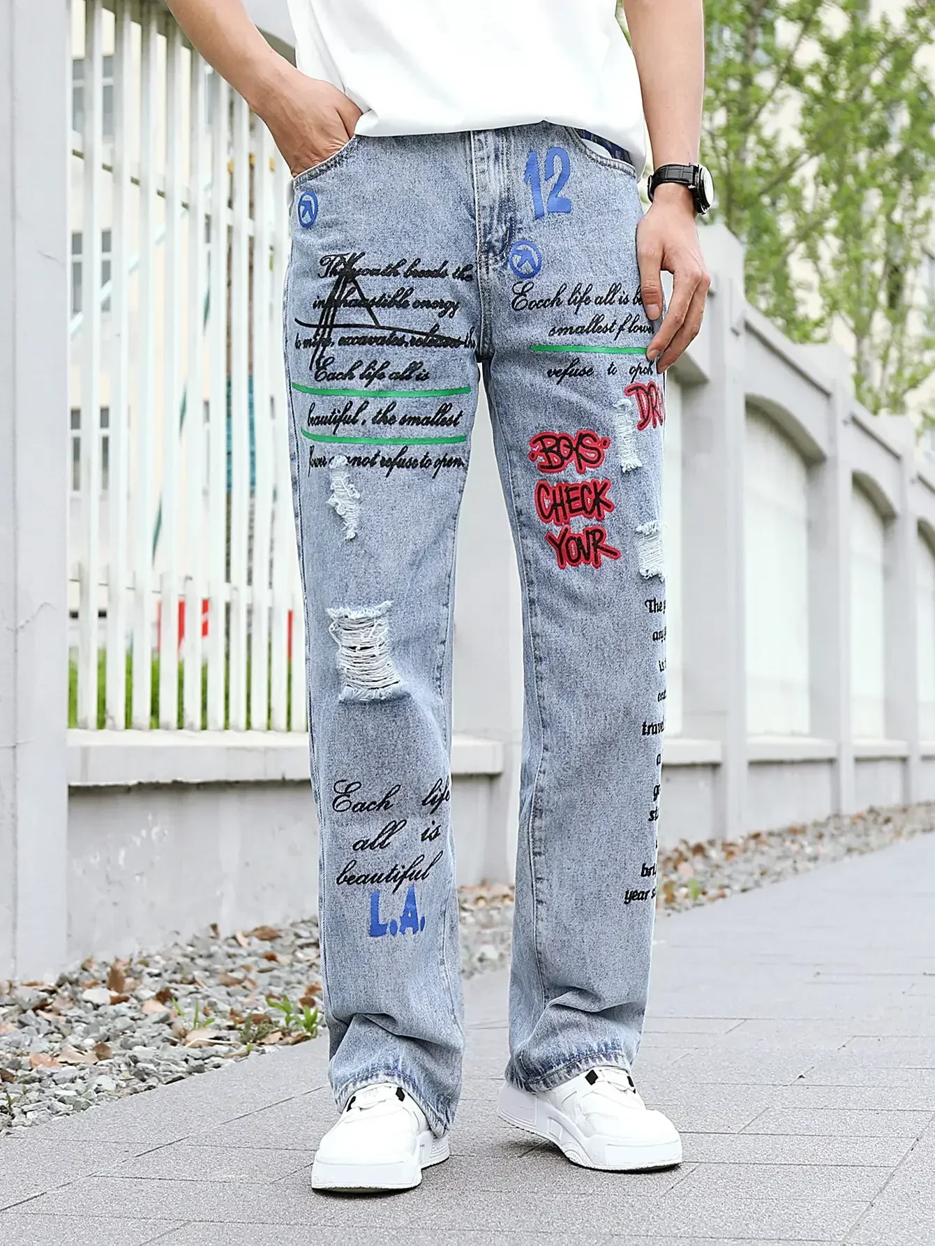 Men\'s y2k Baggy Jeans Hip Hop Ripped Trousers Harem Cartoon Loose Graffiti Printing Denim Casual Pants Cargo Jeans for Men