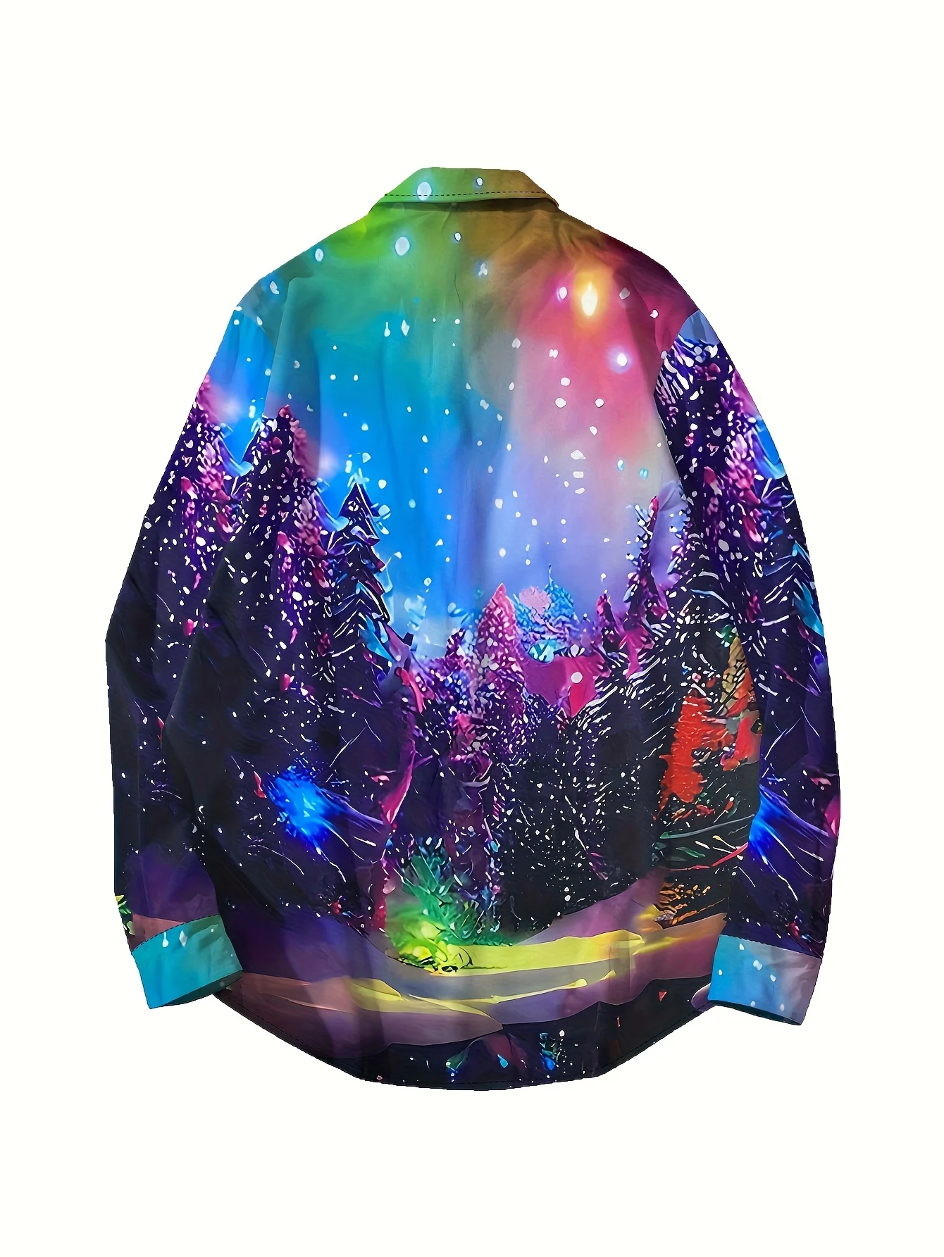 Men Long Sleeve Button Down Shirt Colorful Christmas Winter Forest Snowflake Print Polyester Lapel Collar Holiday