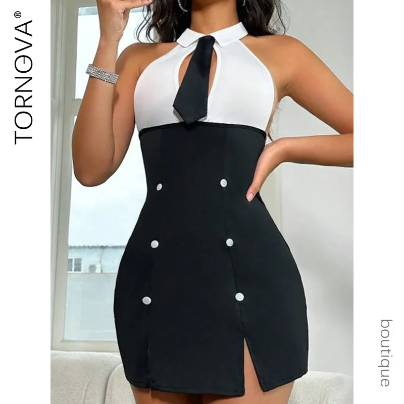 

Tornova Women Hollow Out Lace Sexy Secretary Uniform Bodycon Dress Set Patchwork Contrast Color See-through Interesting Uniform