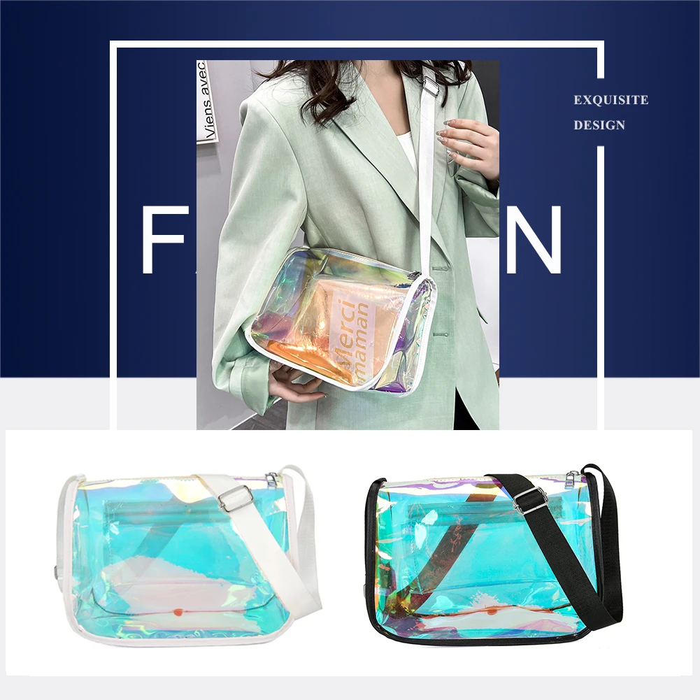 Bolsa de ombro transparente a laser para fêmea, PVC casual, zíper claro, bolsa crossbody