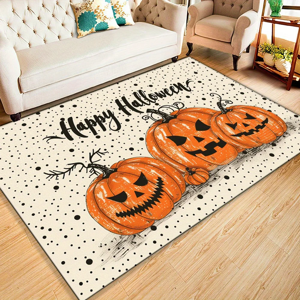 

Halloween Pumpkin Area Rug, Large Polyester Crystal Velvet Carpet, Non-Slip All Saints' Day Themed Floor Mat,