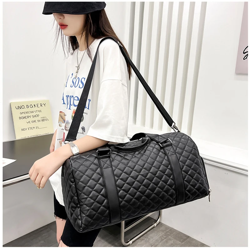 travel-totes-women's-pu-leather-gym-bag-duffle-sports-fitness-luggage-grid-luggage-handbag-outdoor-shoes-pocket-weekend-bag